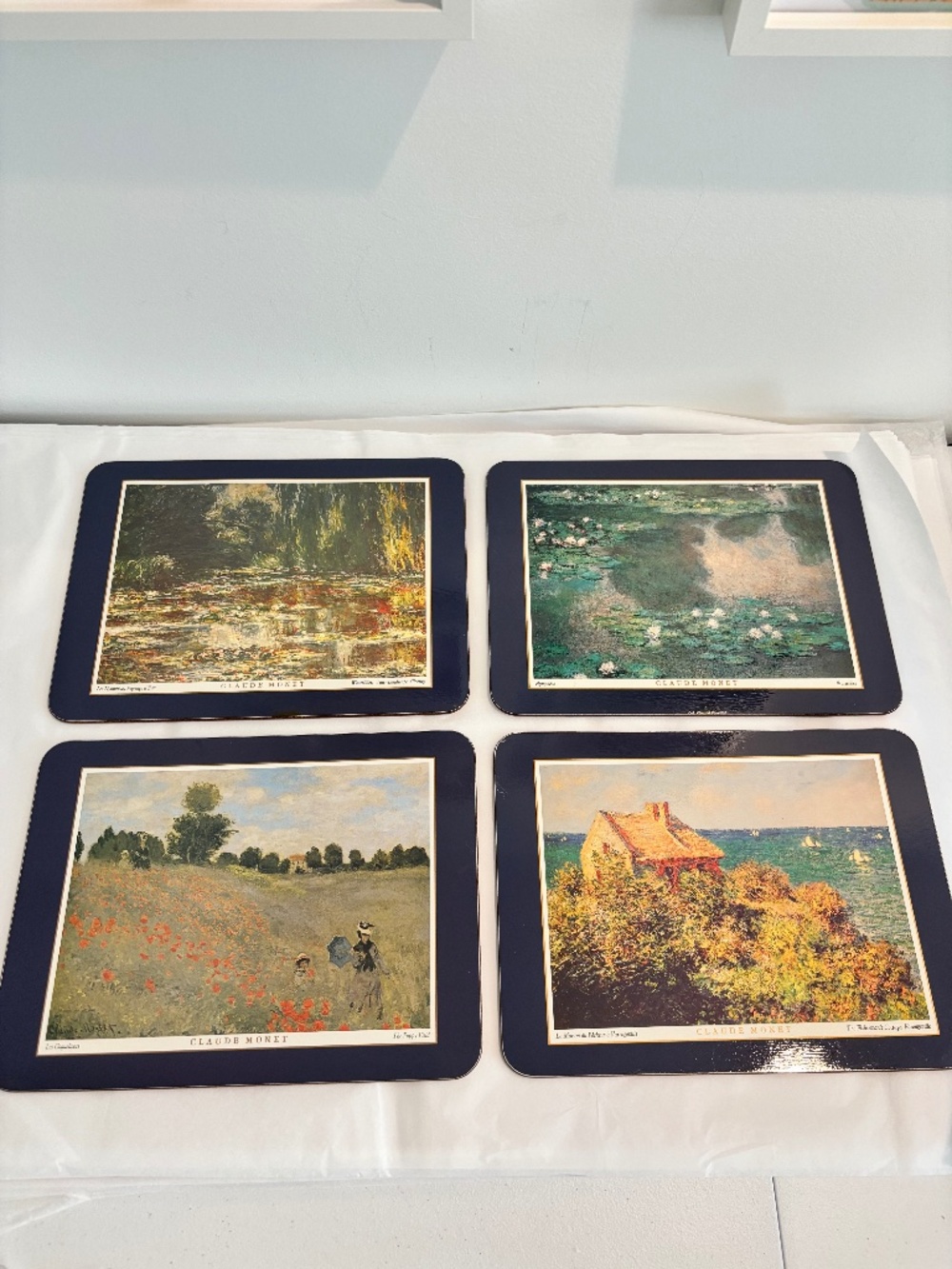 Claude Monet placemats SET OF FOUR trivets Water Lilies reproduction dark blue